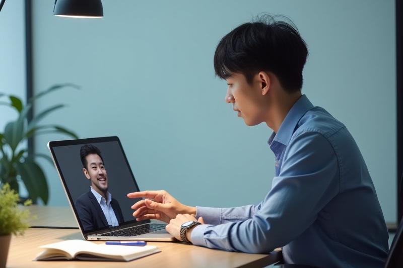 남성이 노트북으로 온라인 패션 컨설팅을 받는 장면