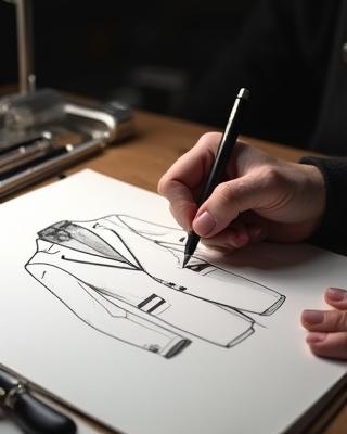 디자이너가 고급 남성복 수트 디자인을 스케치하는 모습